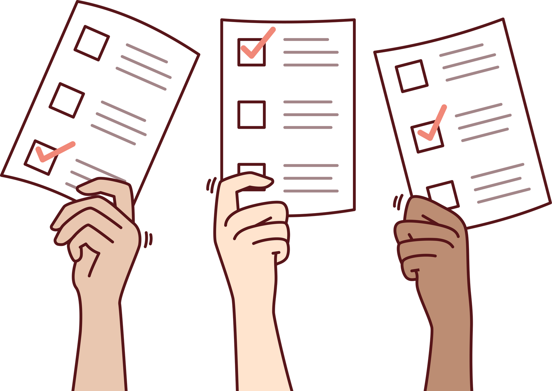 Hands with vote ballot papers during democratic elections among political parties